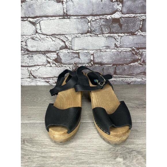 Swedish Hasbeens Black Leather Wooden Heel Peep Toe Ankle Strap Sandals Women 38 - Picture 11 of 16